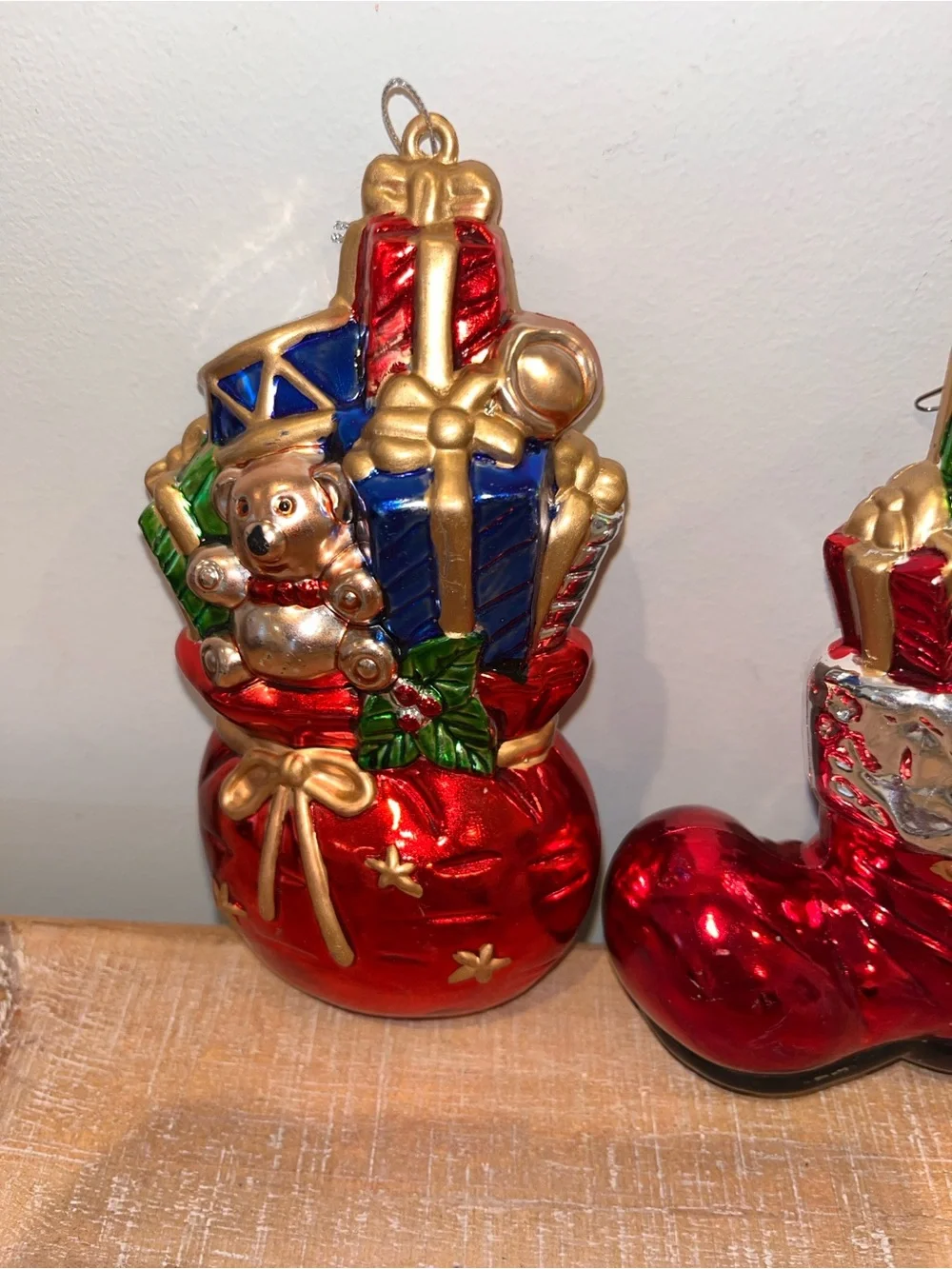 Holiday Glass Ornament Set - Red, Gold & Green Christmas Stocking and Drum 6.5”